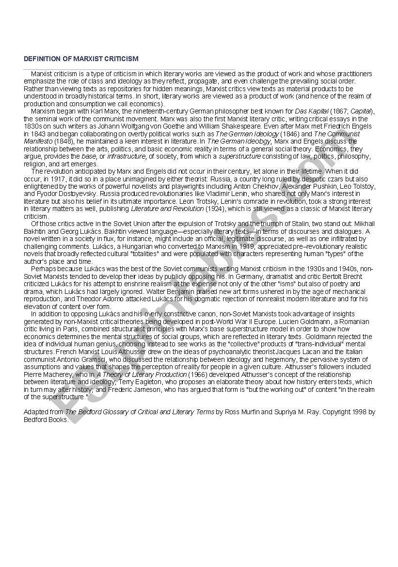 MARXIST CRITICISM worksheet