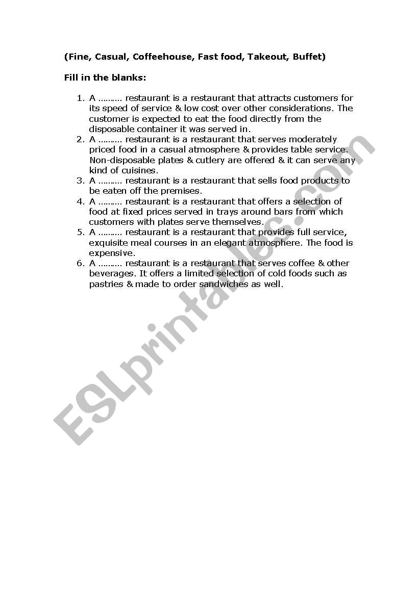 Types of Restaurants worksheet