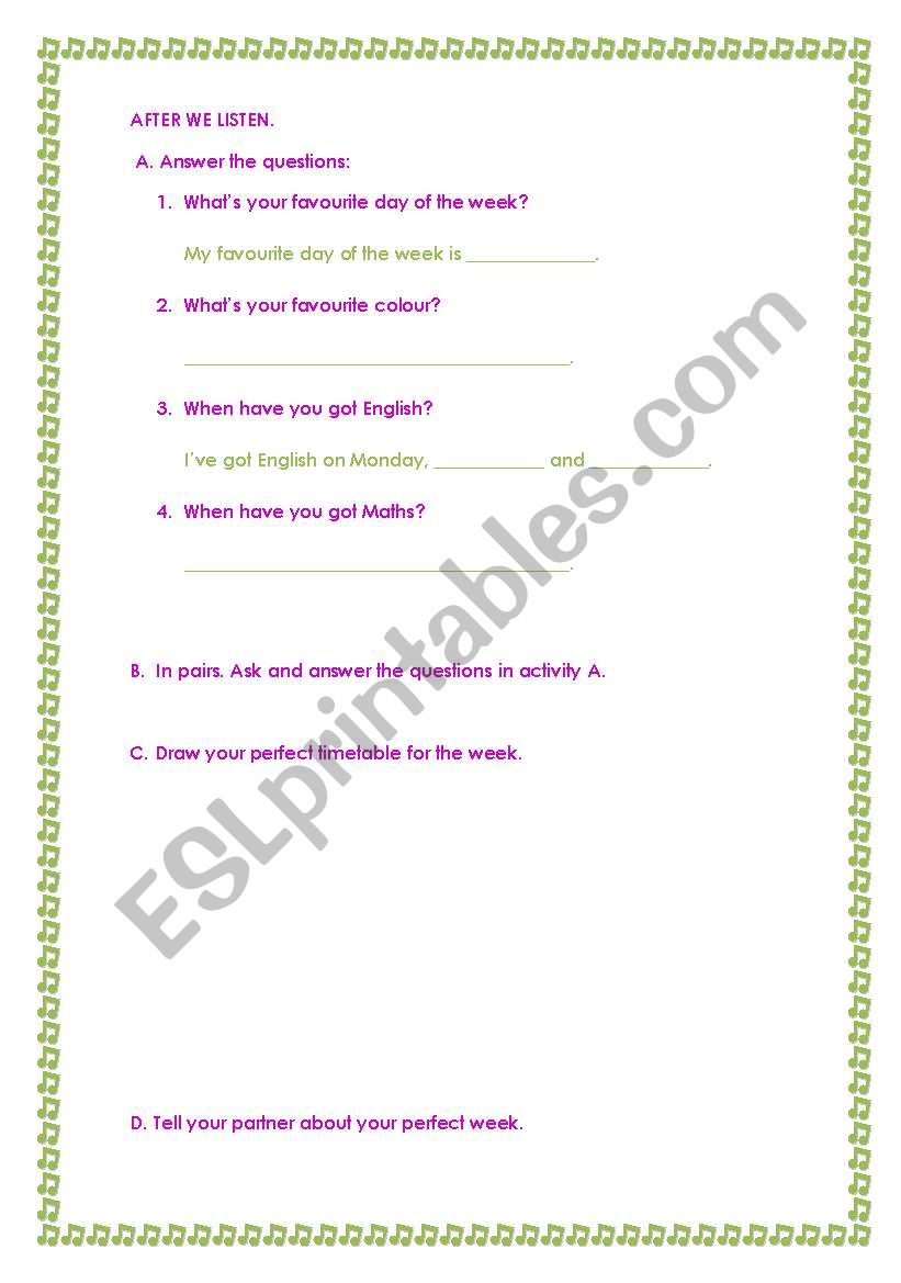 Friday im in love 3/3 worksheet