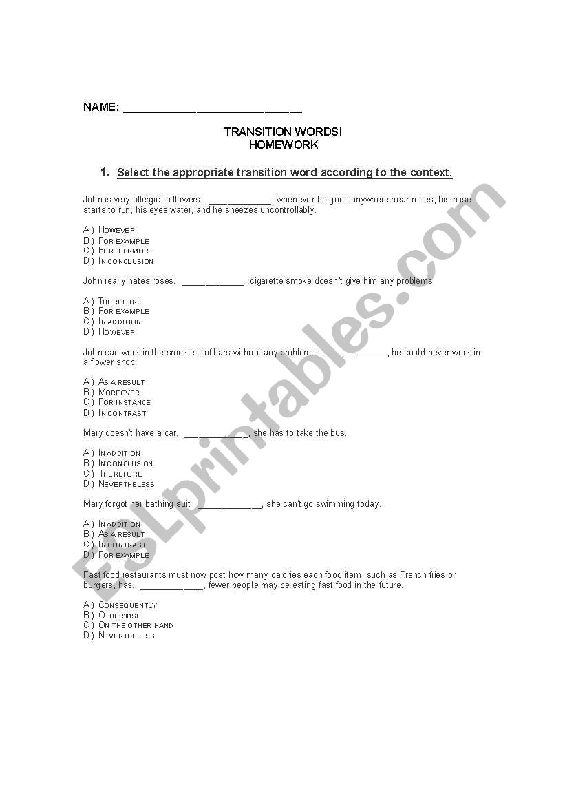 Transition words practice worksheet