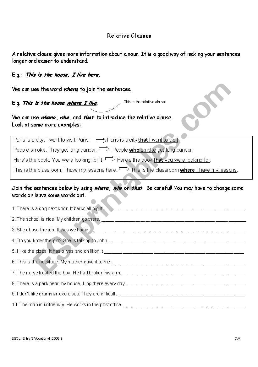 Relative Clauses worksheet