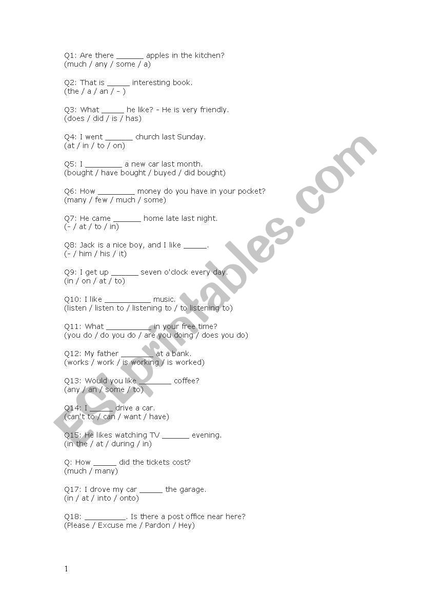Grammar quiz worksheet