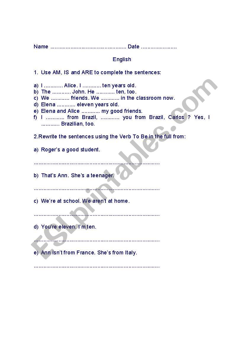 verb to be worksheet