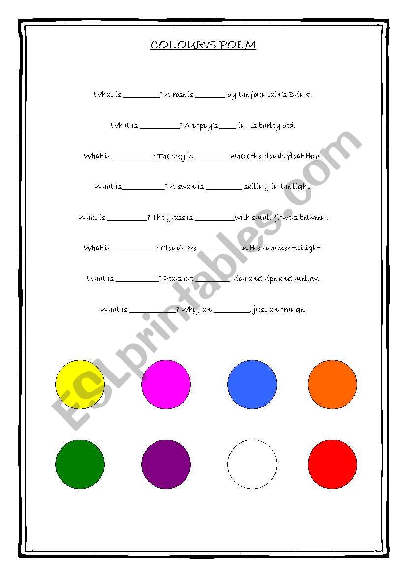 POEM ABOUT COLOURS worksheet