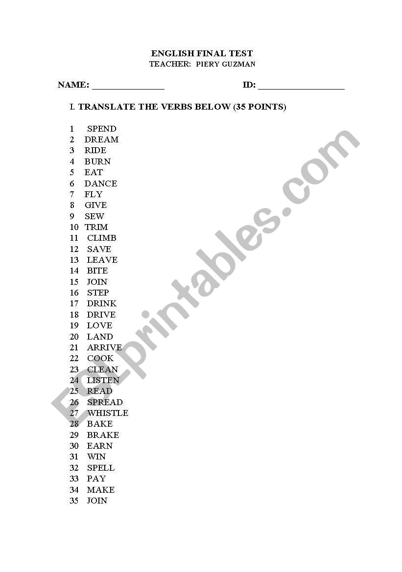 test worksheet