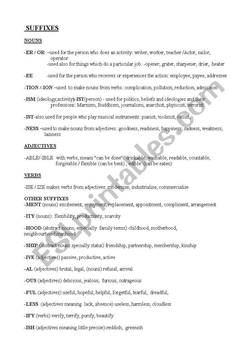 Suffixes worksheet