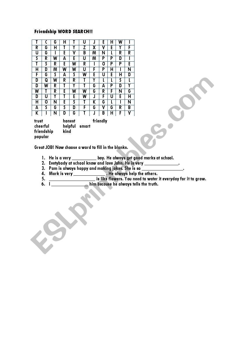 Friendship wordsearch worksheet
