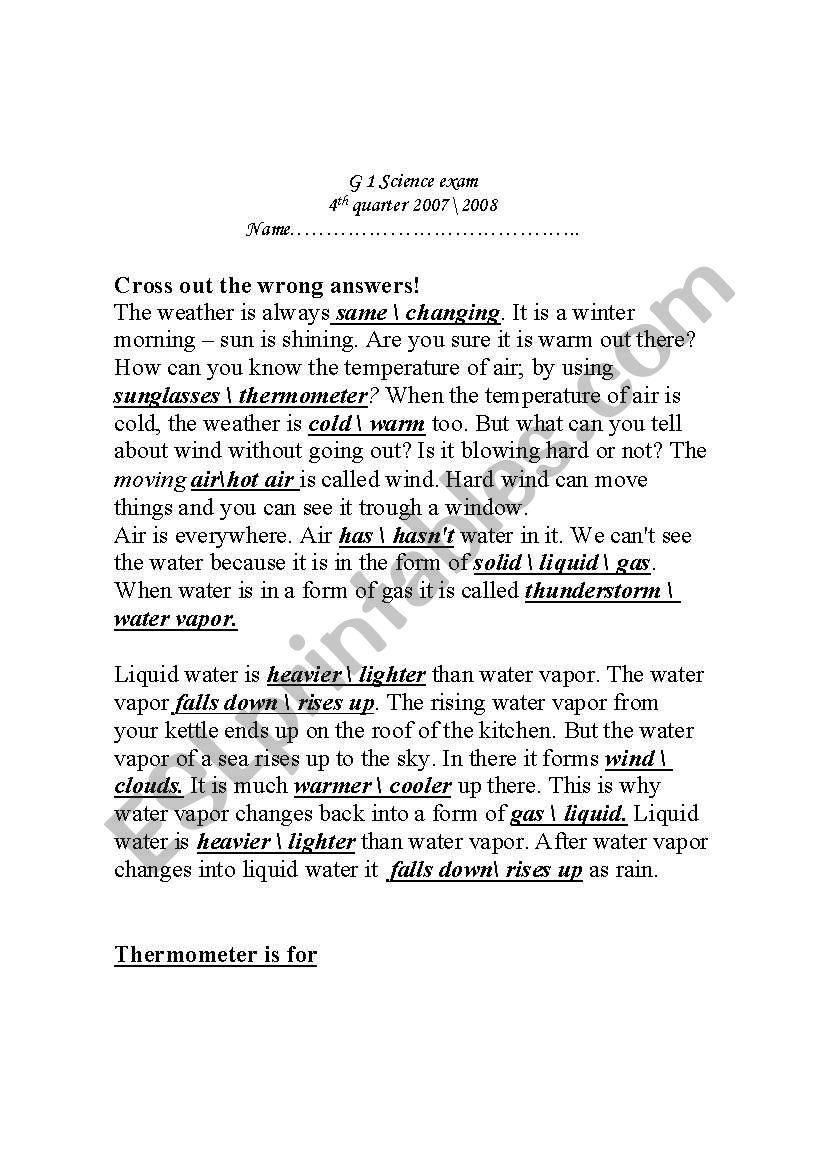 Grade 1 Science revision worksheet