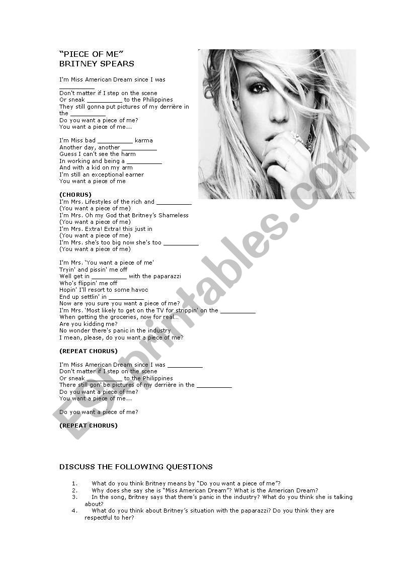 Piece of Me by Britney Spears worksheet