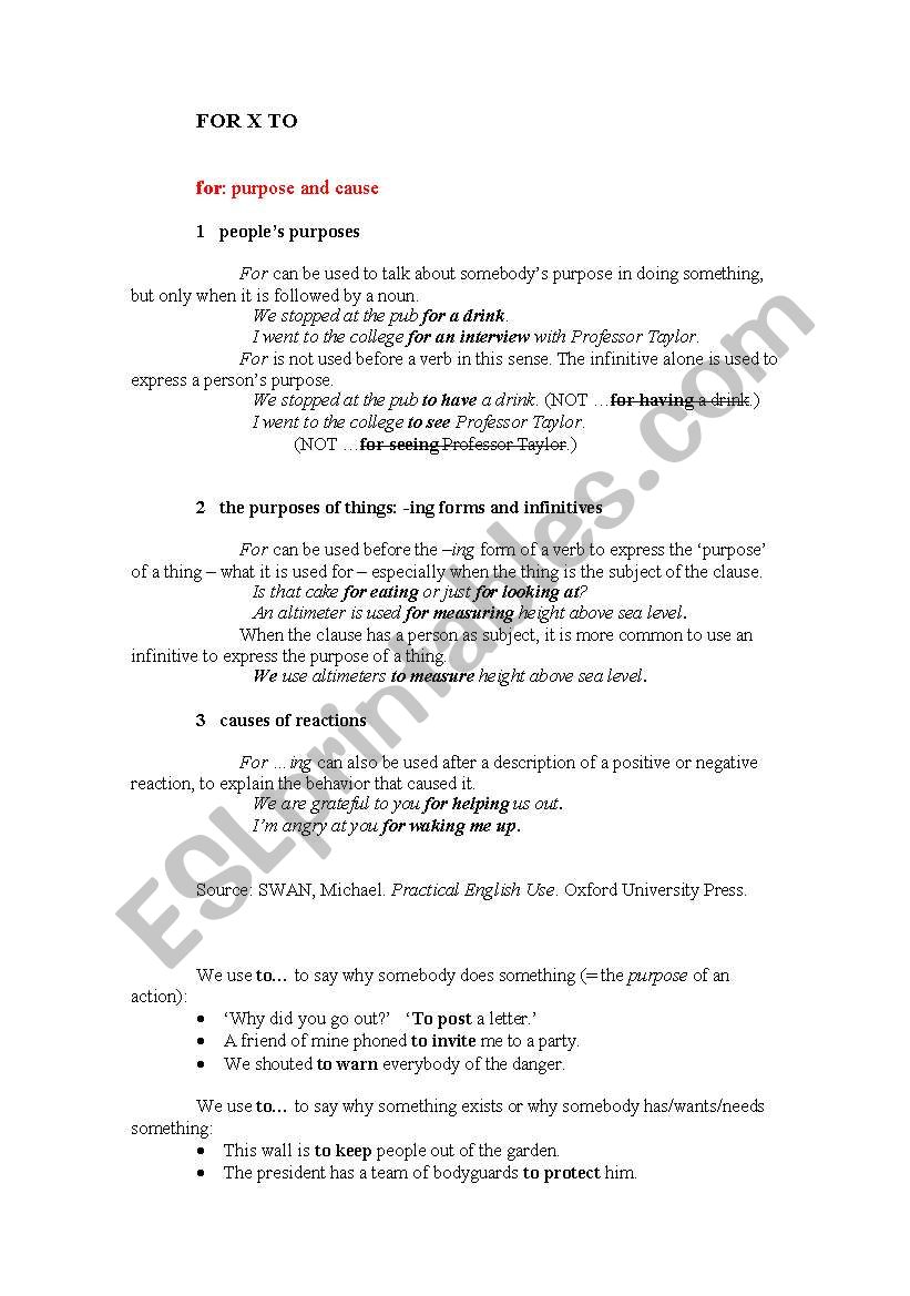 For versus to worksheet