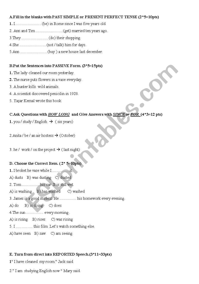 a sample exam  worksheet
