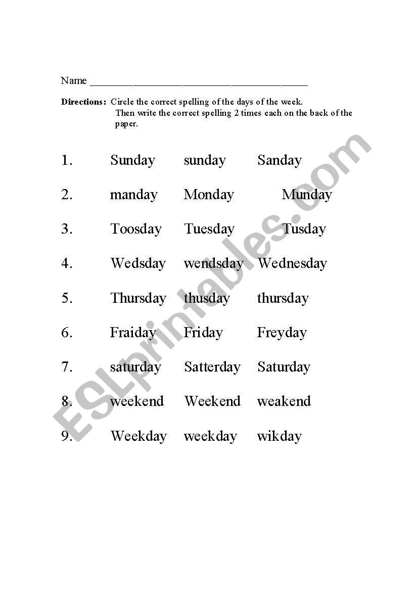 Days of the Week worksheet