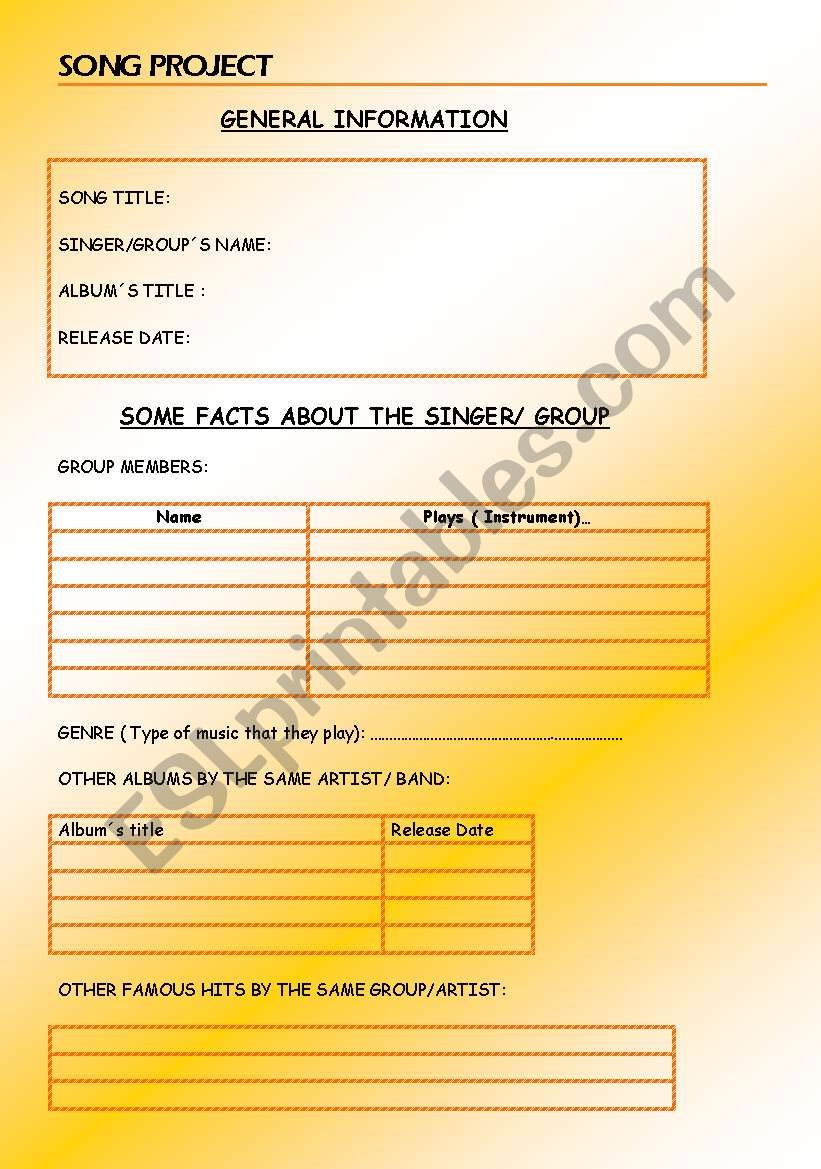 SONG PROJECT worksheet