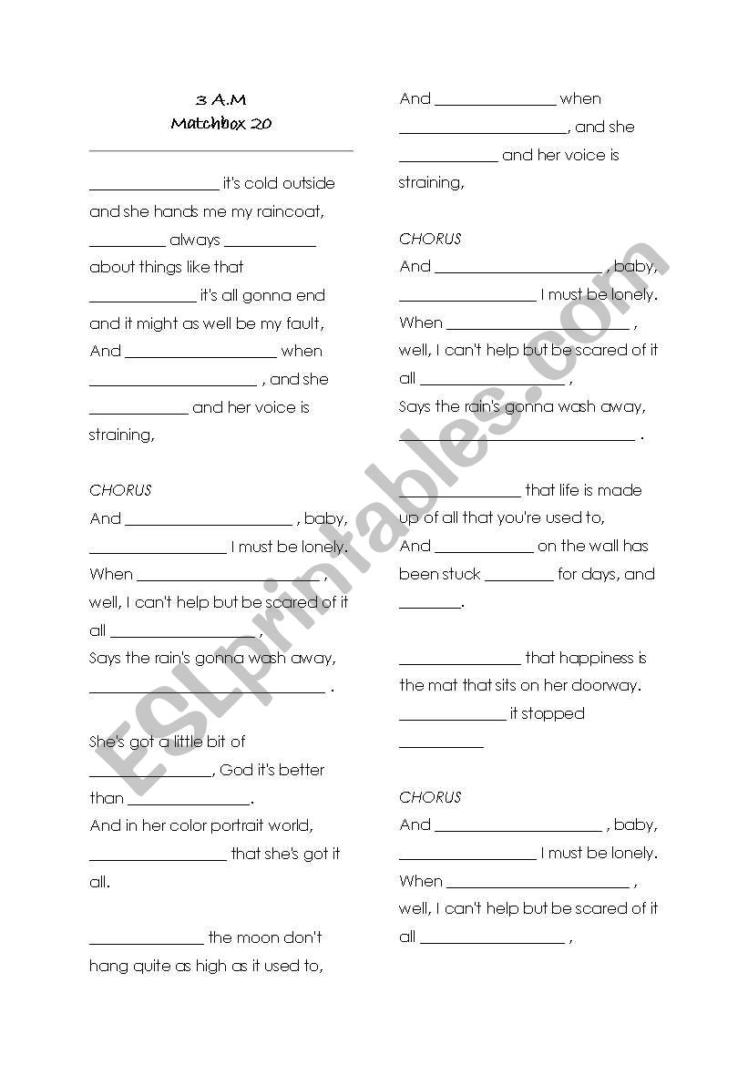 3 A.M. - Matchbox 20 worksheet