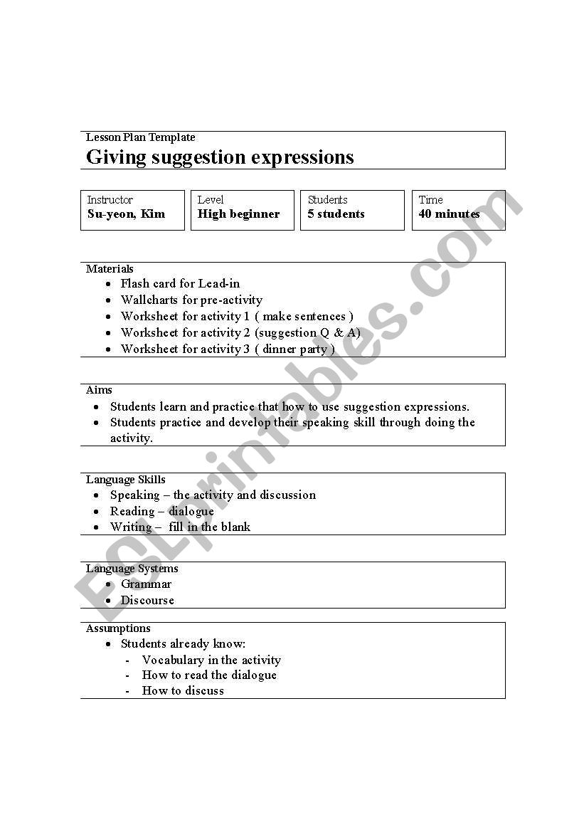 lesson plan - suggestions worksheet