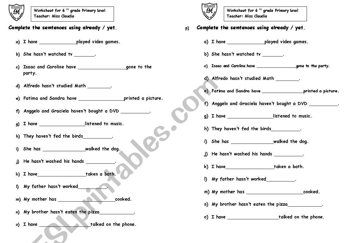 alrady and yet worksheet