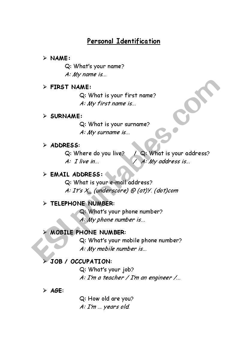 Personal Identification worksheet