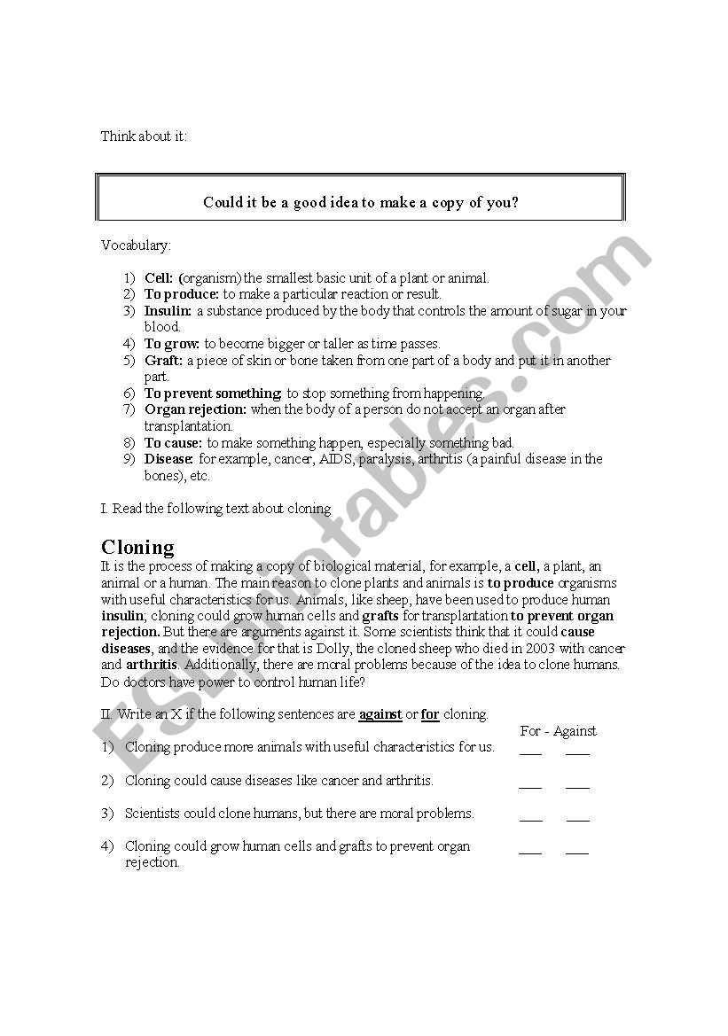 cloning worksheet