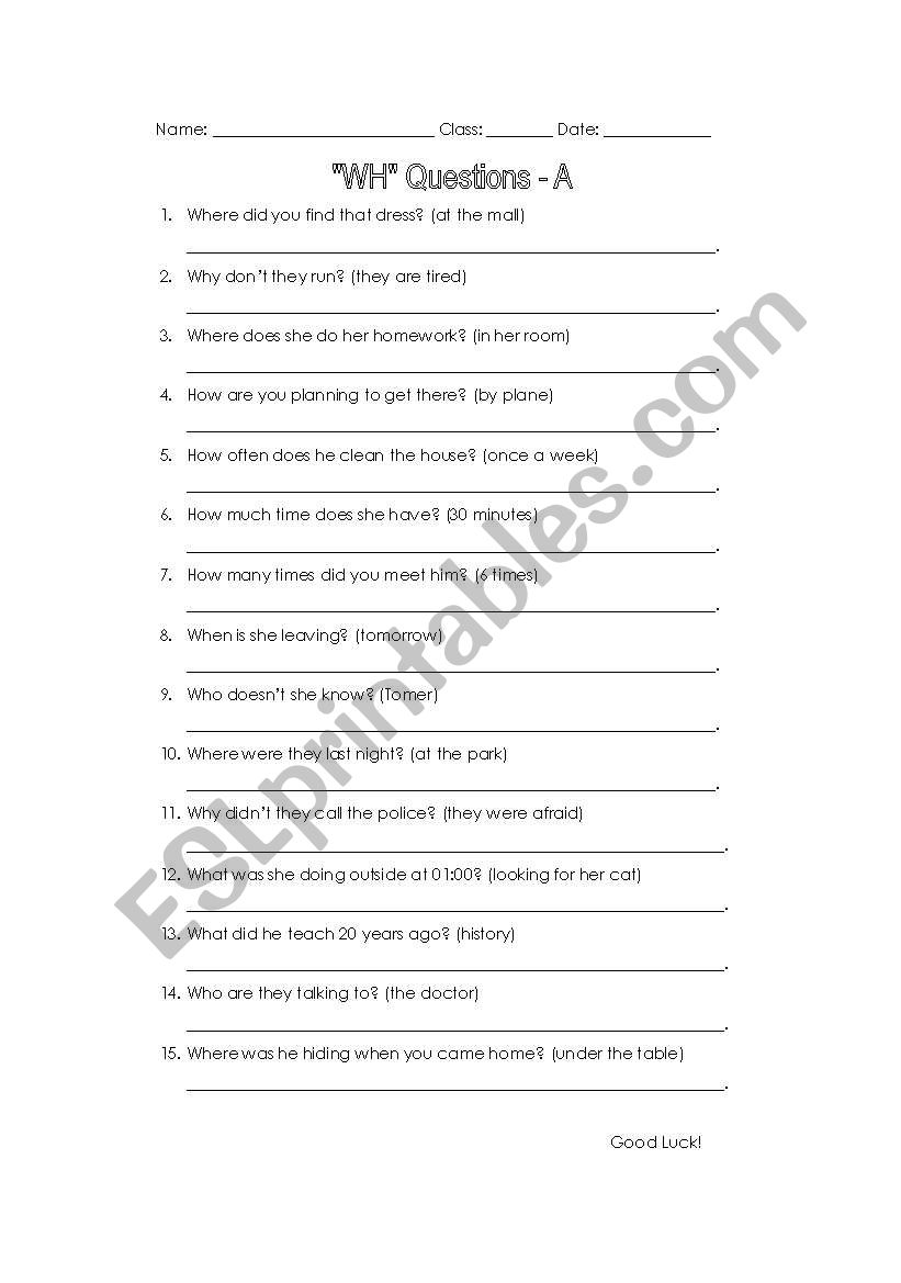 WH Questions worksheet