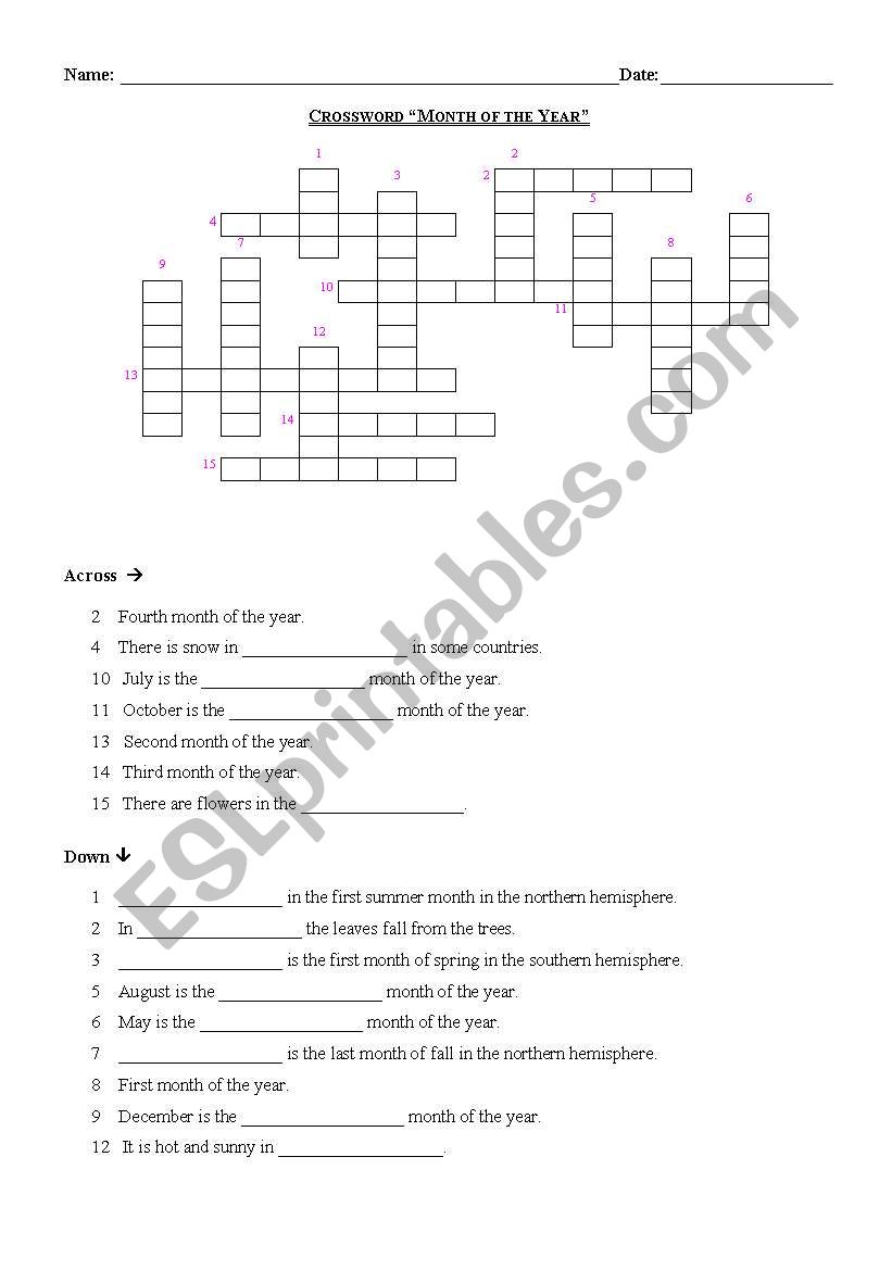 CROSSWORD - MONTHS OF THE YEAR