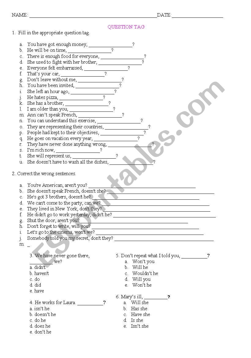 QUESTION TAG worksheet
