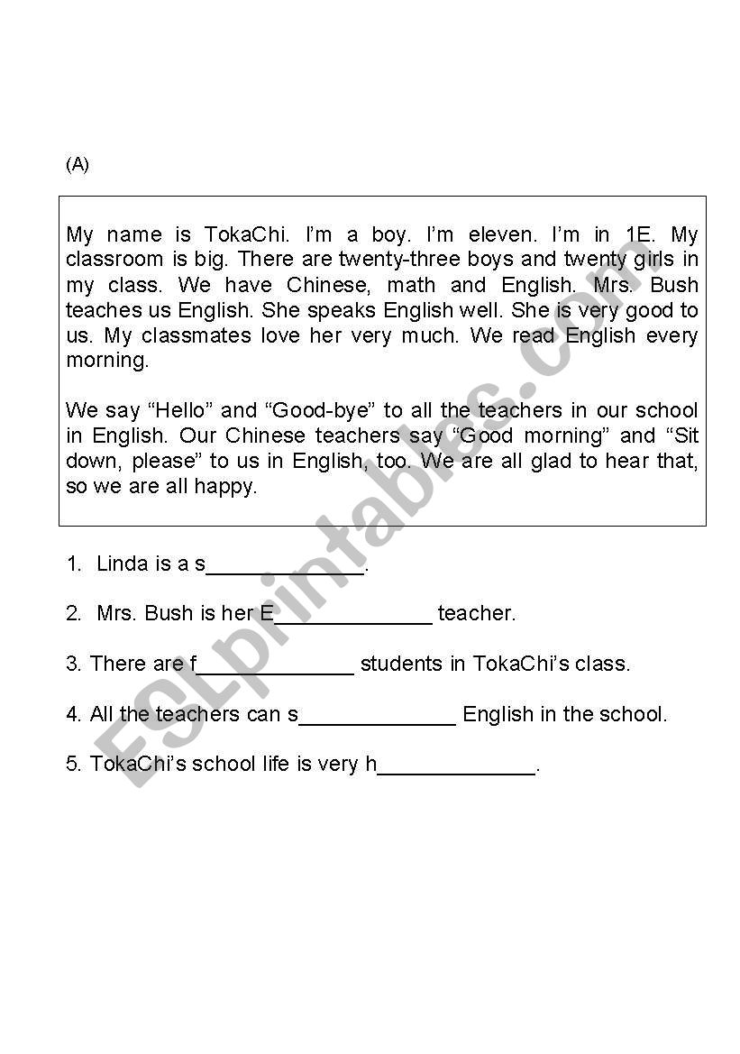 Comprehension for juniors worksheet