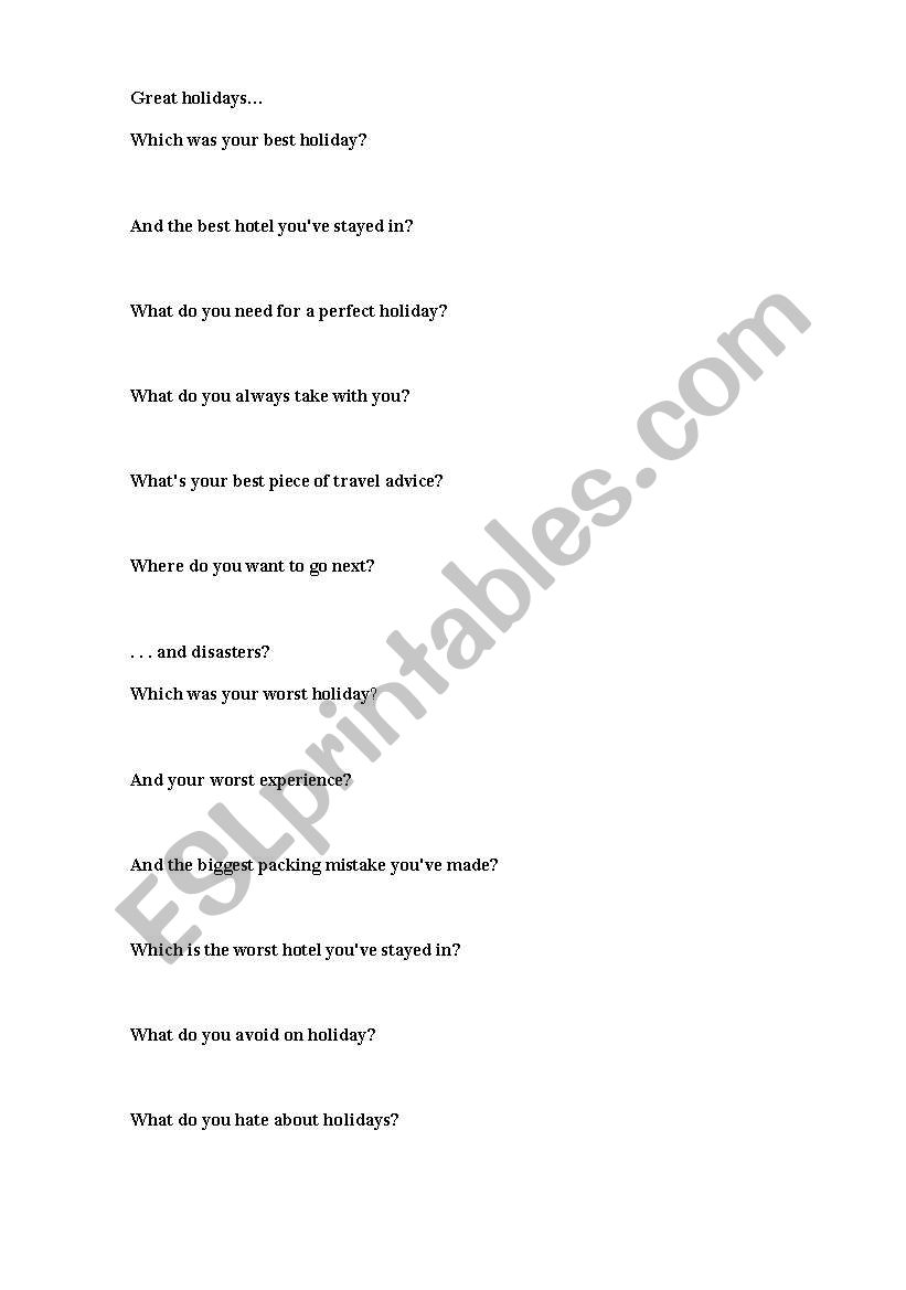 holidays questionnaire worksheet