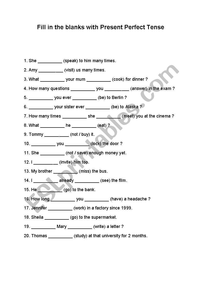 Present Perfect Tense worksheet