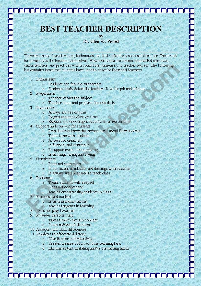 BEST TEACHER DESCRIPTION worksheet