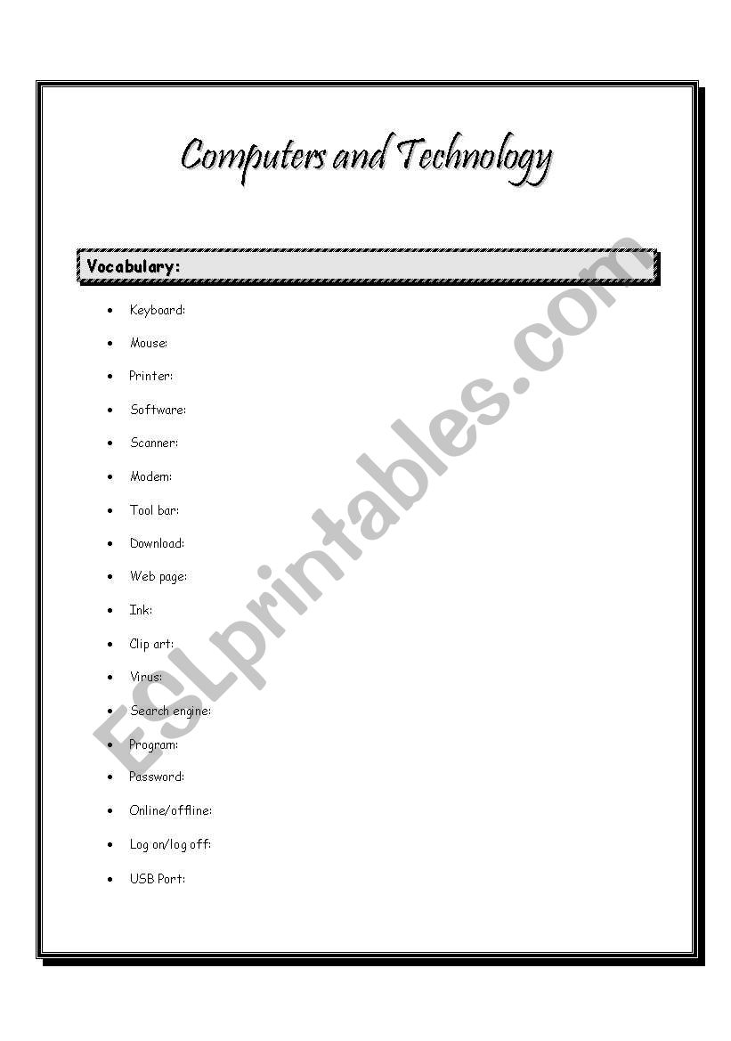 Computers and Technology Lesson Worksheet