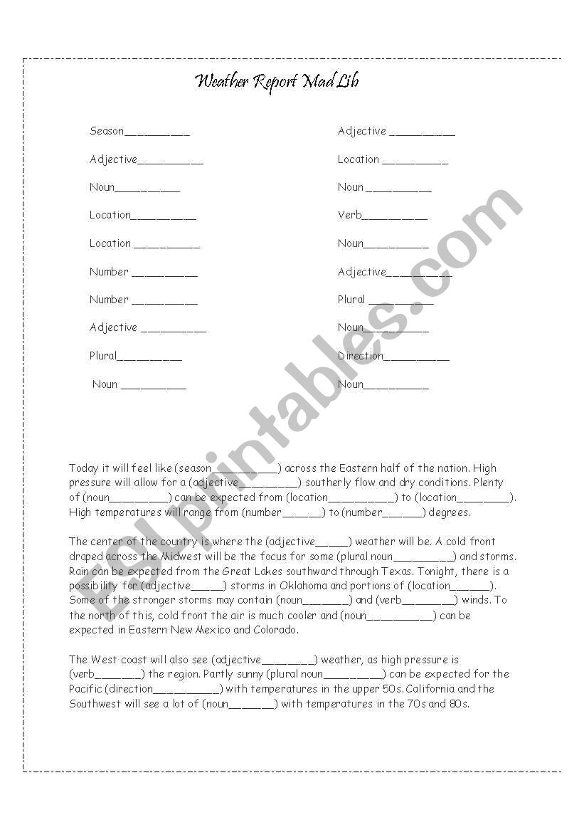 Weather Mad Lib worksheet