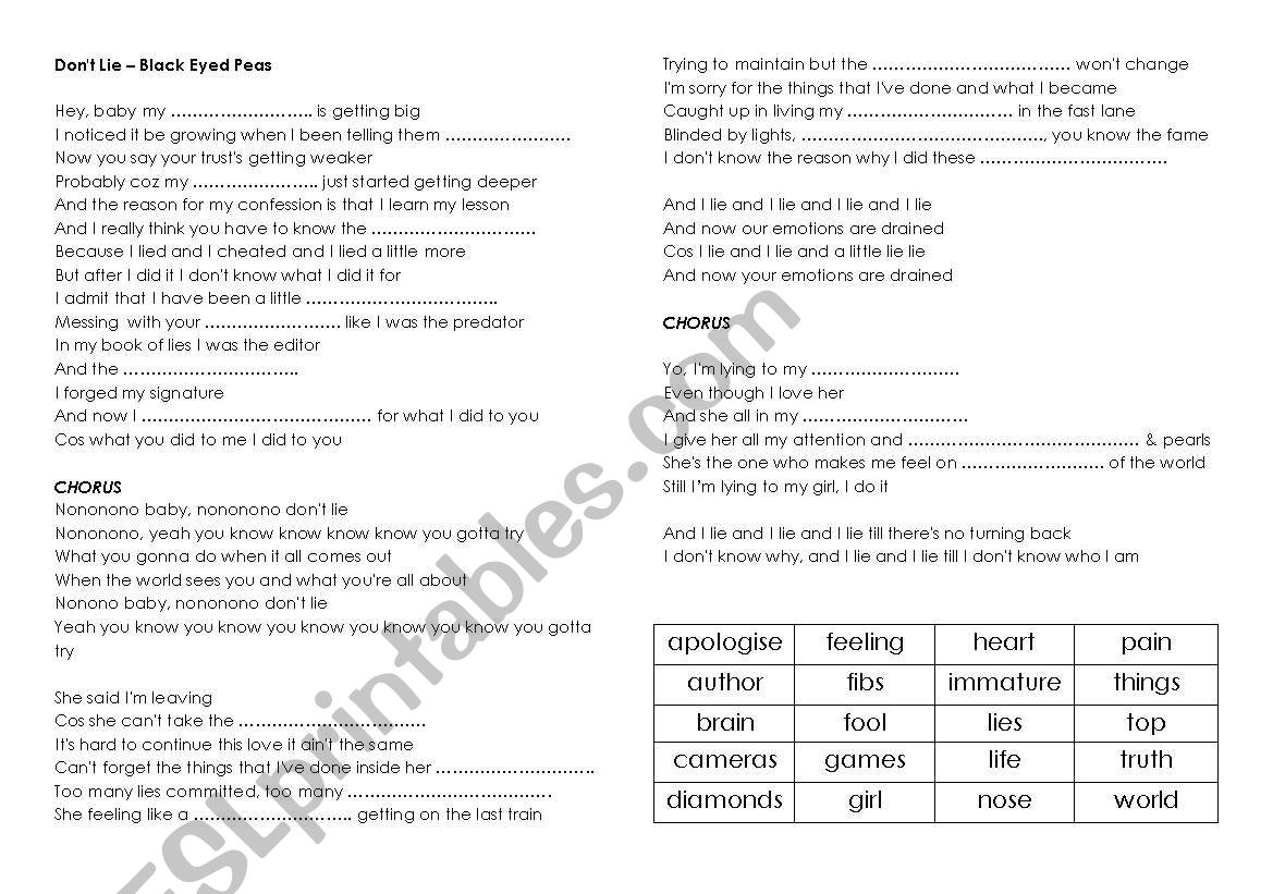 Song Lyrics : DonÂ´t Lie - Black Eyed Peas