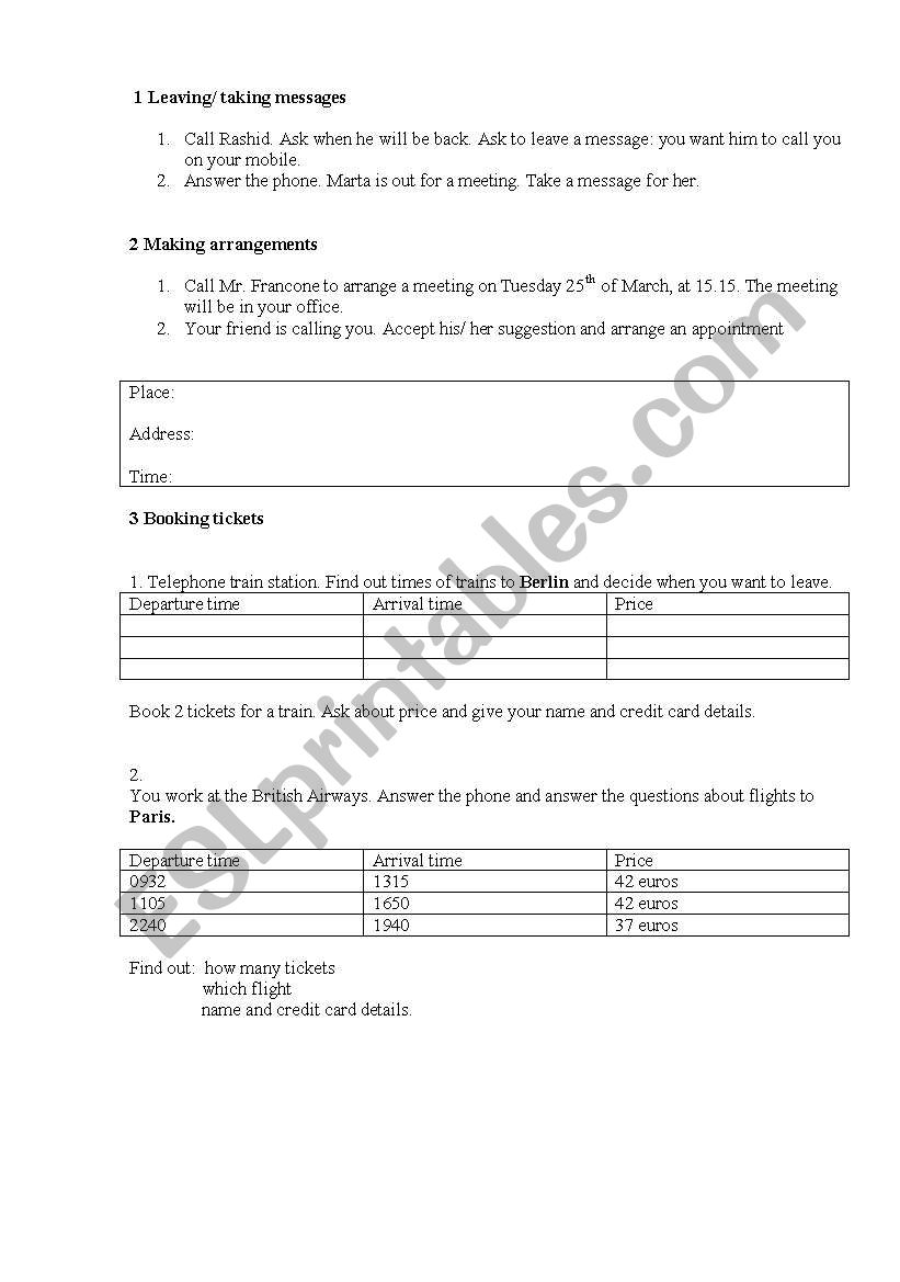 telephoning role-cards worksheet