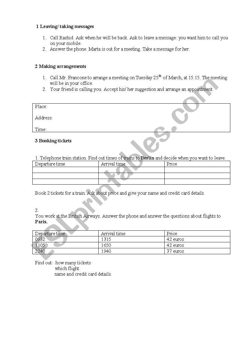 telephoning role-cards worksheet