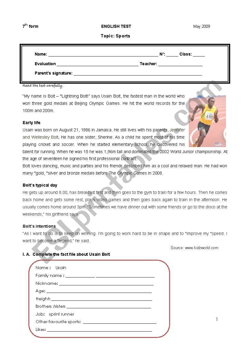 Test on a sports star  worksheet