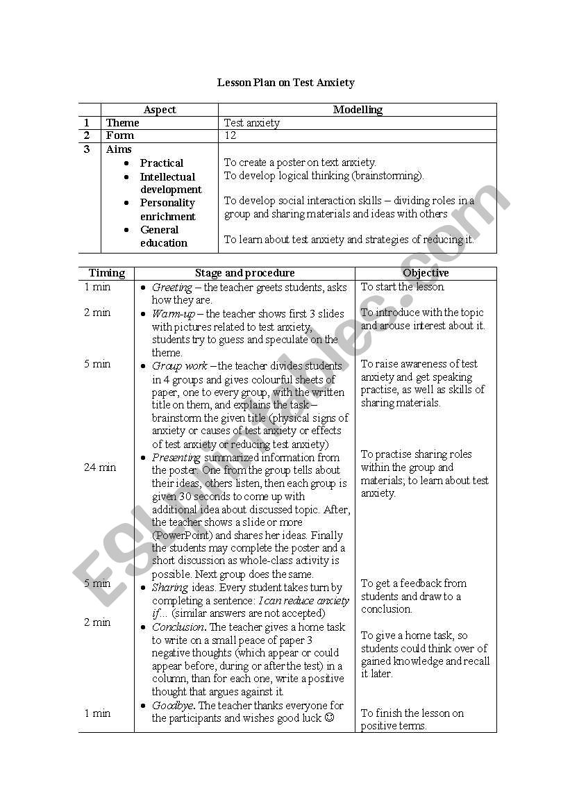 Test anxiety - Lesson Plan on the Power Point Test Anxiety