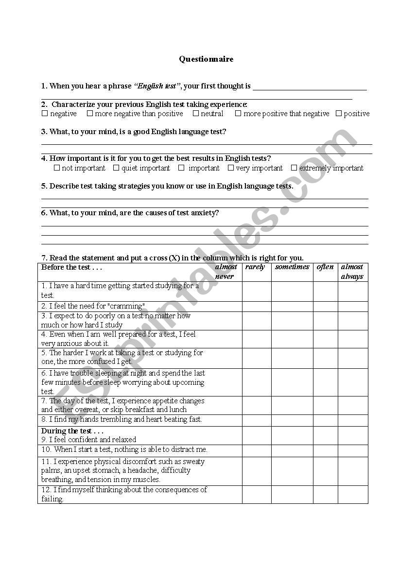 Questionnaire for students - Test anxiety