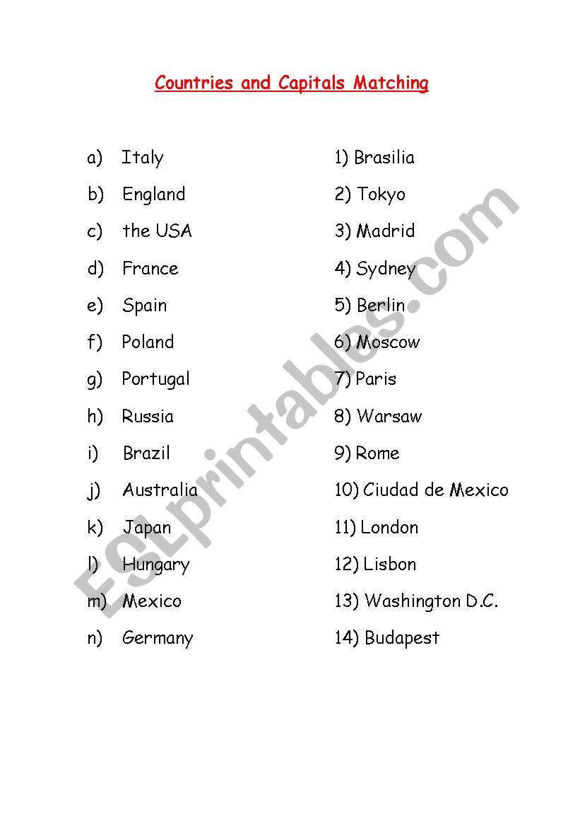 Countries and Capitals Matching