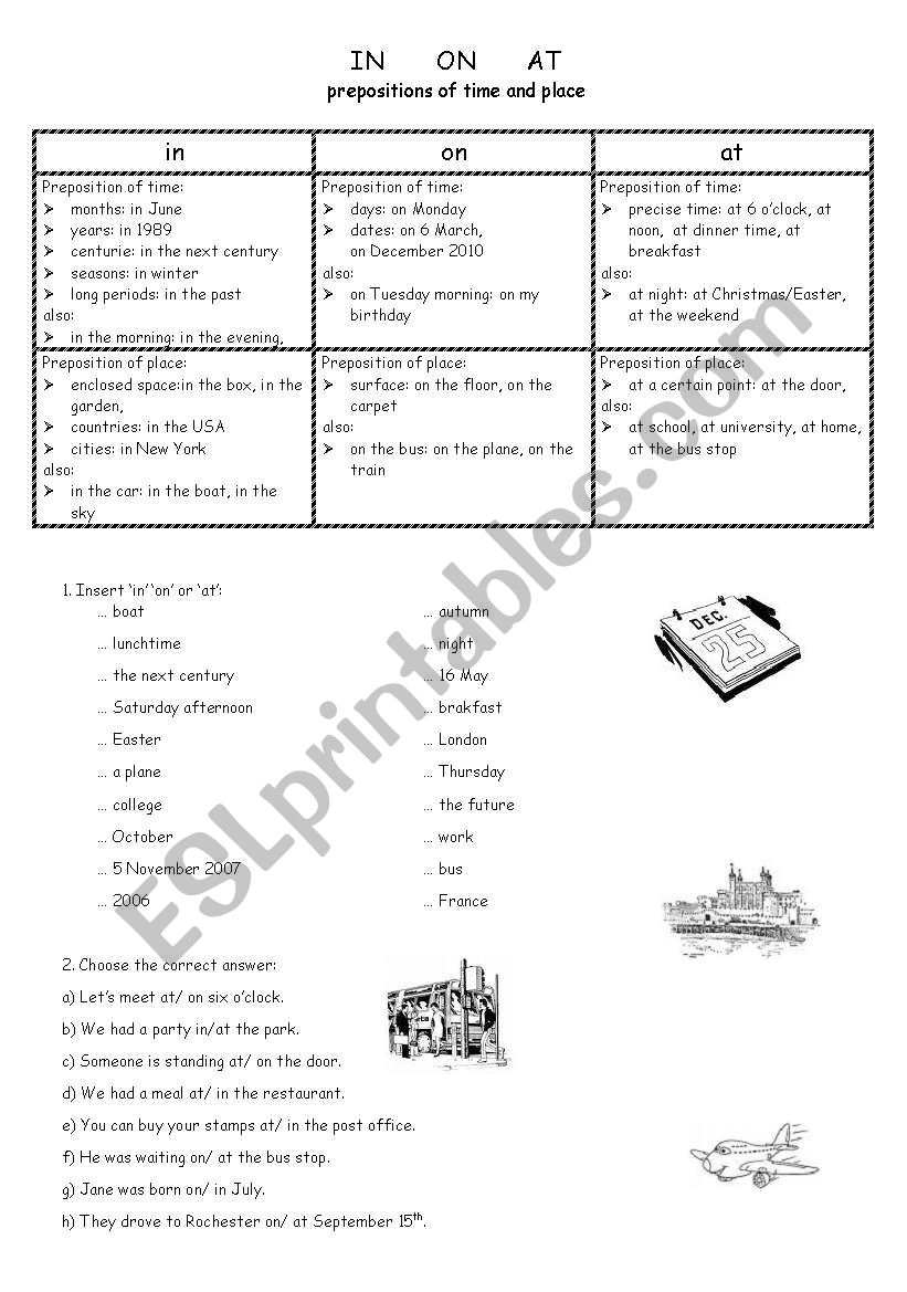 prepositions of time and place - in, on, at