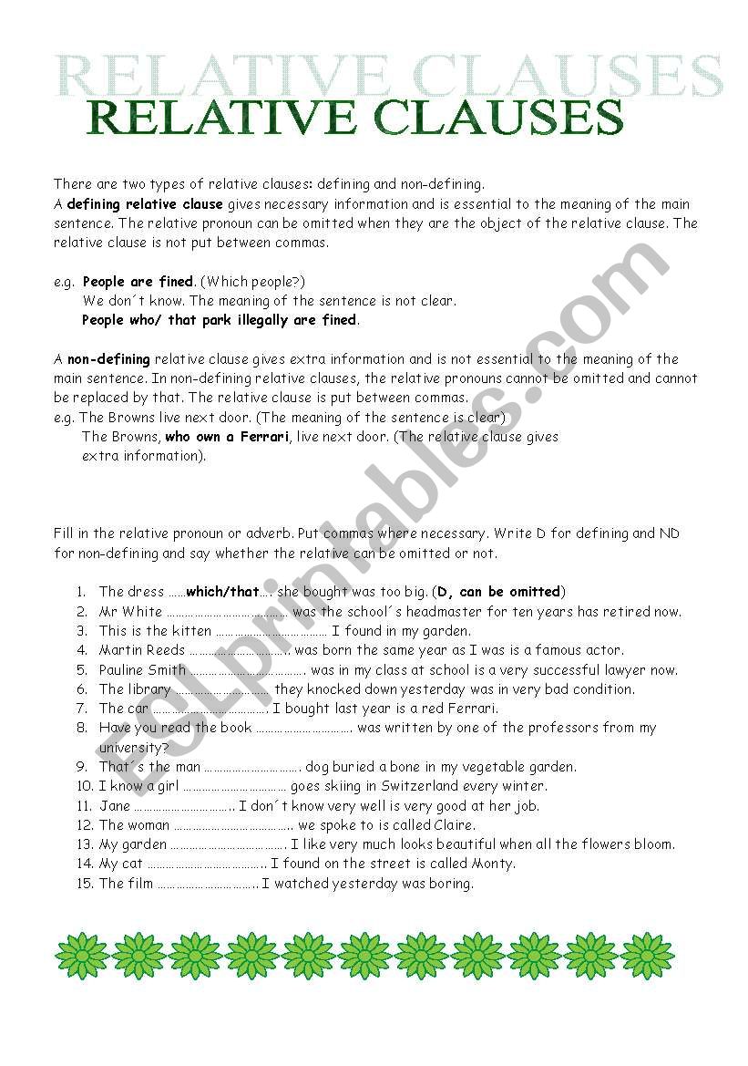 RELATIVE CLAUSES worksheet