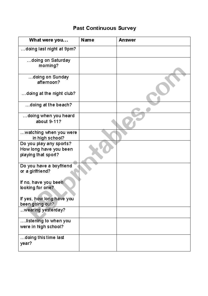 Past Continuous Survey worksheet