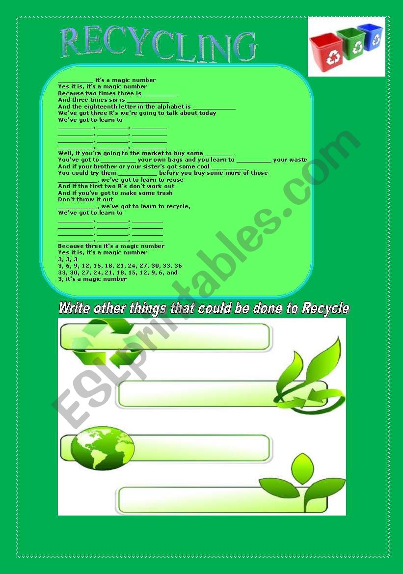 Song 3 R´s by Jack Johnson. Recycling - ESL worksheet by Alaniss