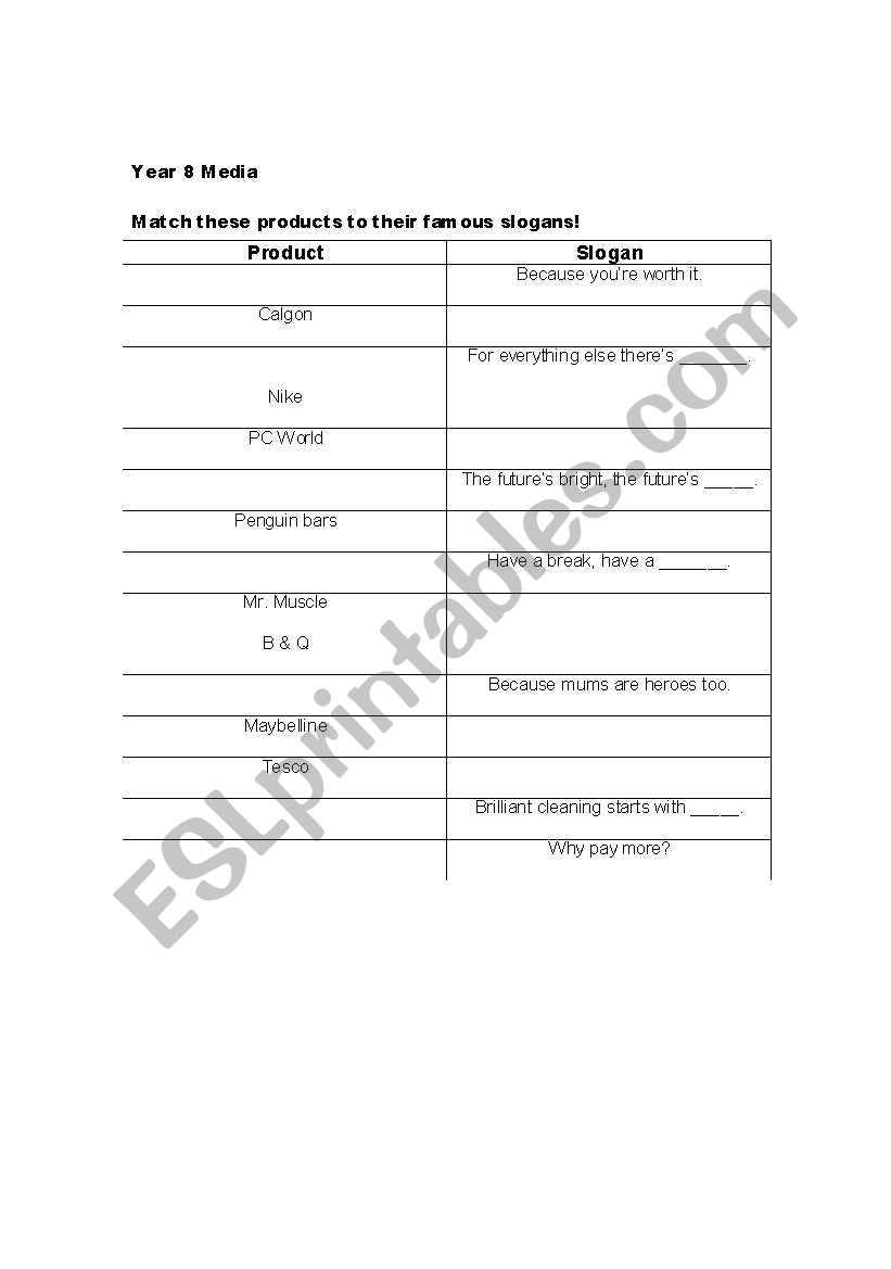 Year 8 Media - product slogan matching task