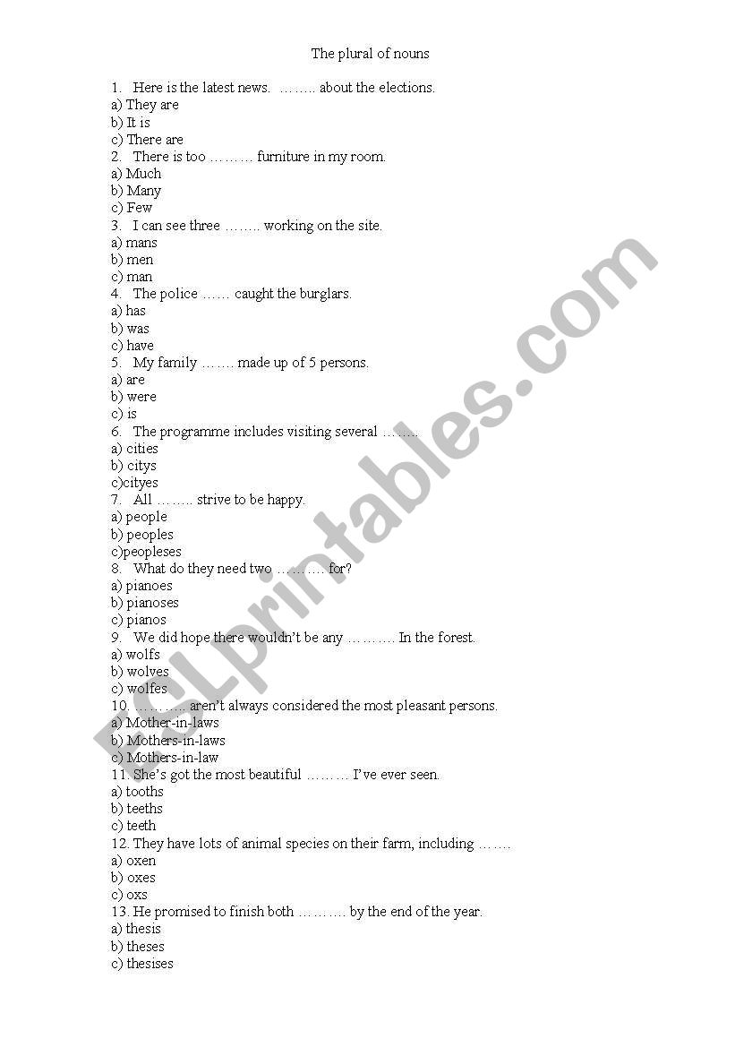 the plural of nouns worksheet