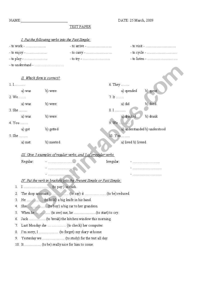 test past tense worksheet