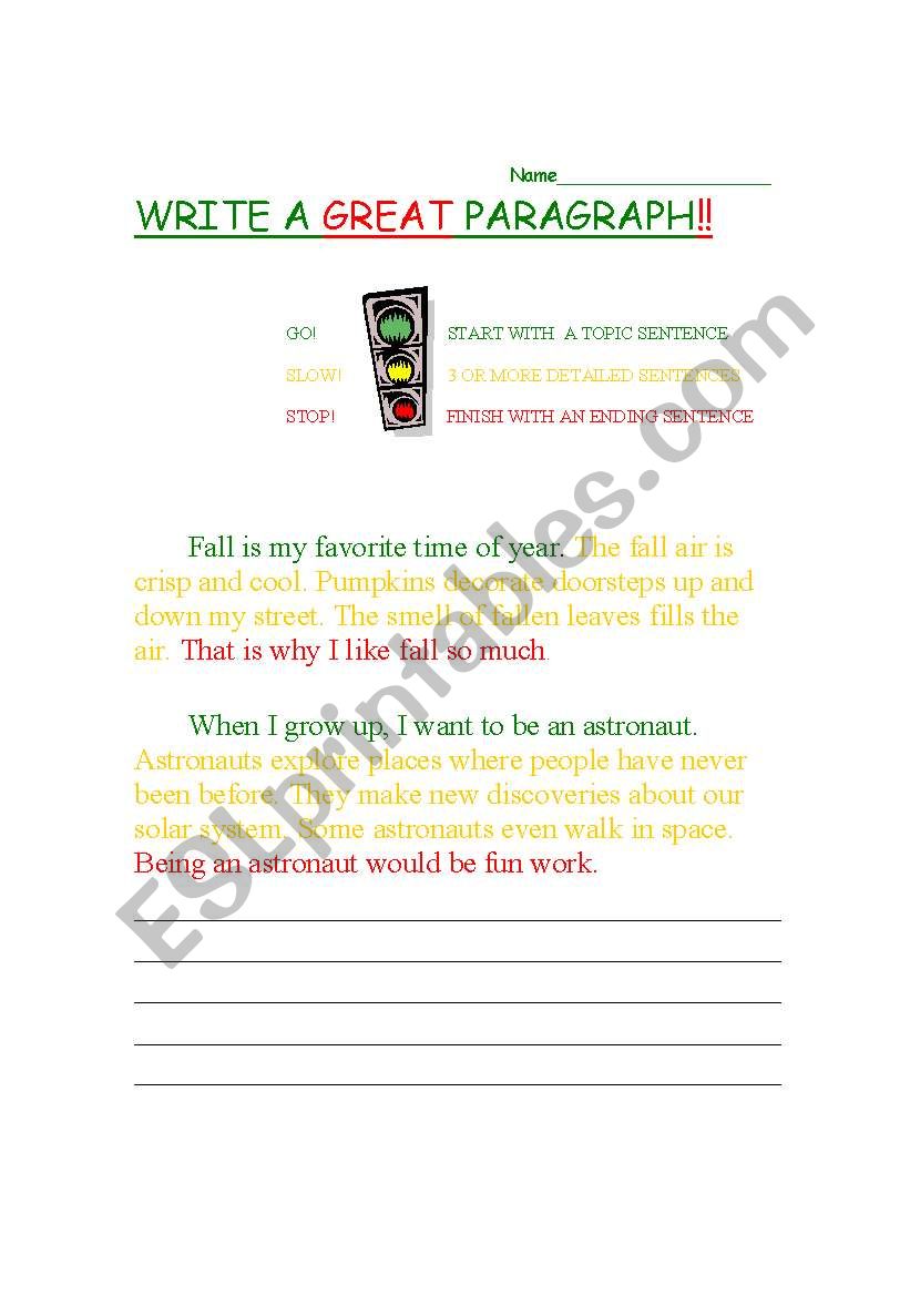 Write a great paragraph worksheet