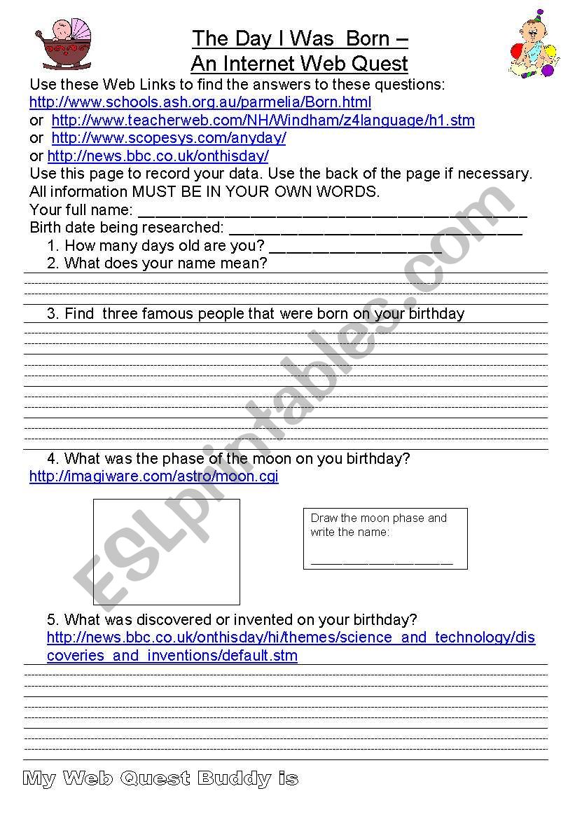 The Day I was born worksheet