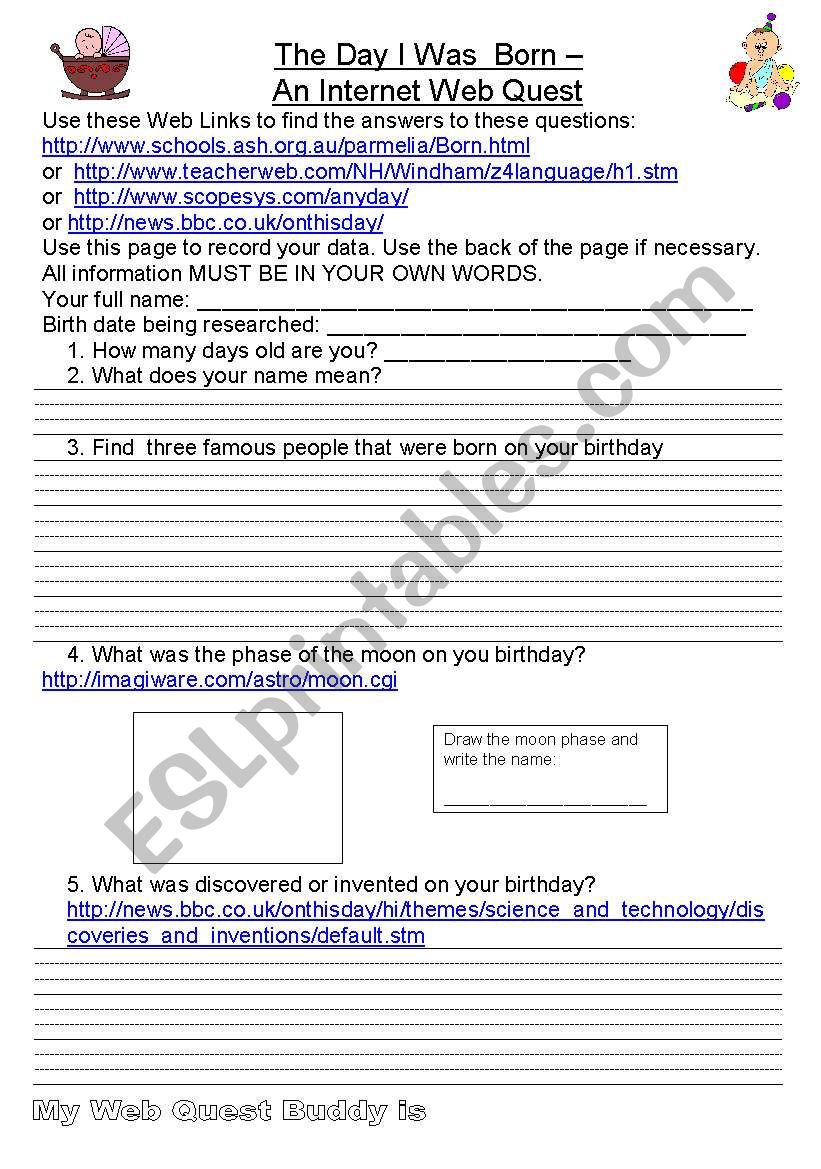 The Day I was born worksheet