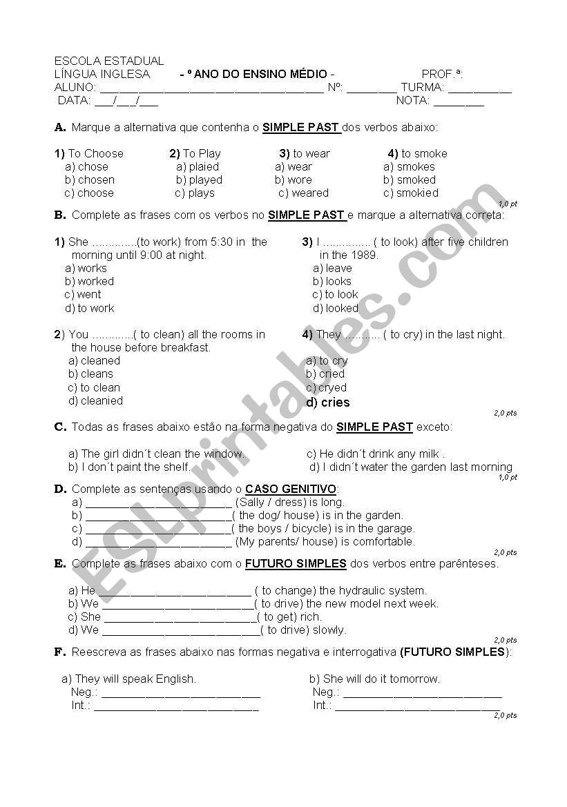 Avaliao de Reviso worksheet