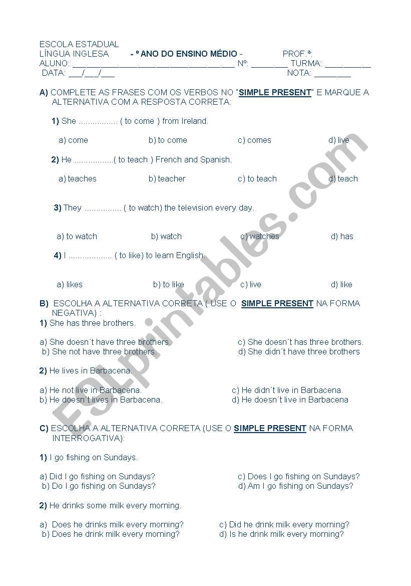 Avaliao do Simple Present worksheet